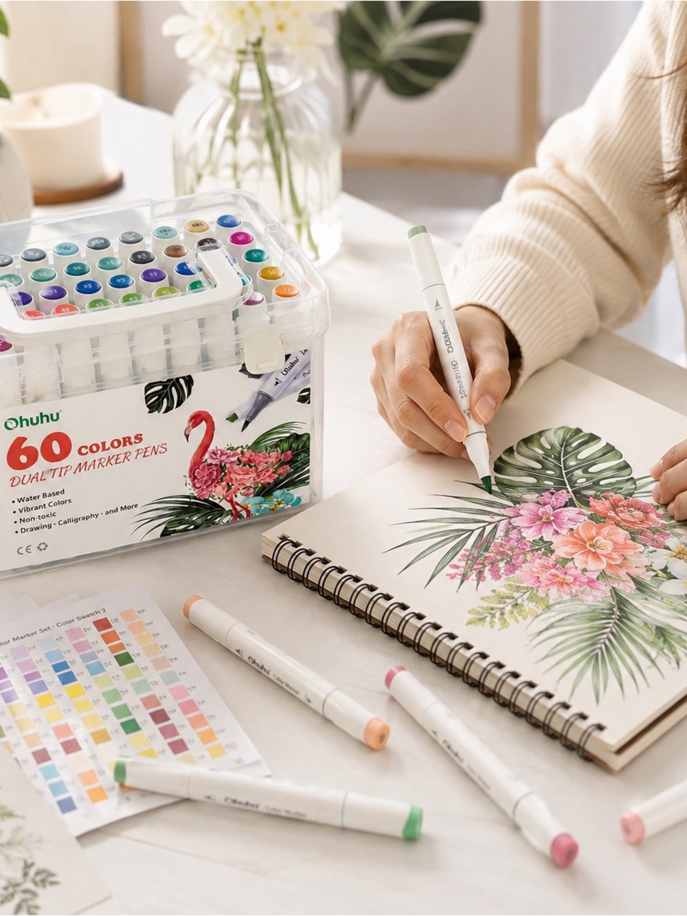 Ohuhu 60 Colors Dual Tip Marker Pens Set Drawing Calligraphy New - Picture 2 of 5